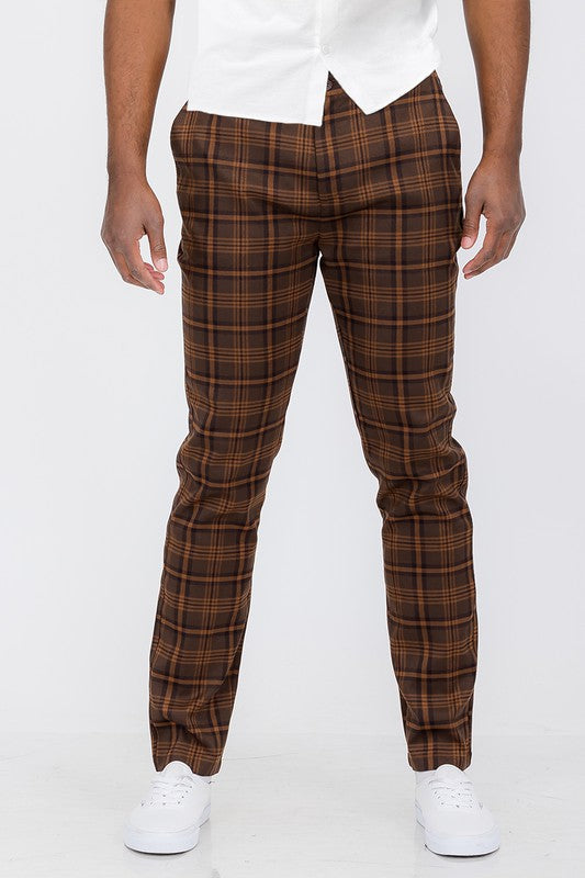 Vintage Boho Styled Mens Plaid Trouser Pants-Brown