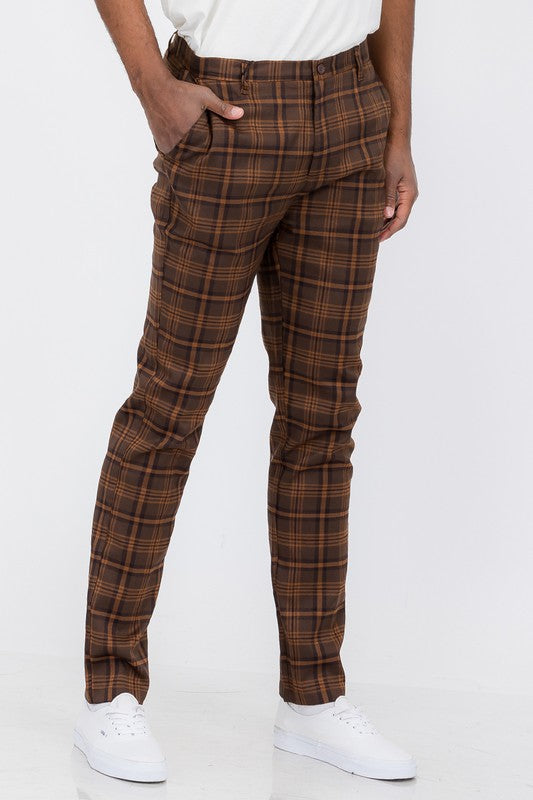 Vintage Boho Styled Mens Plaid Trouser Pants-Brown