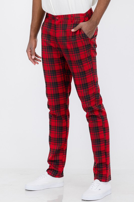 Vintage Boho Styled Mens Plaid Trouser Pants-Red