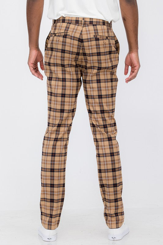 Vintage Boho Mens Plaid Trouser Pants-Khaki