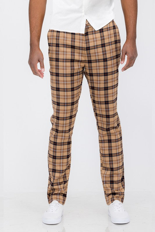 Vintage Boho Mens Plaid Trouser Pants-Khaki