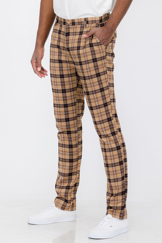 Vintage Boho Mens Plaid Trouser Pants-Khaki