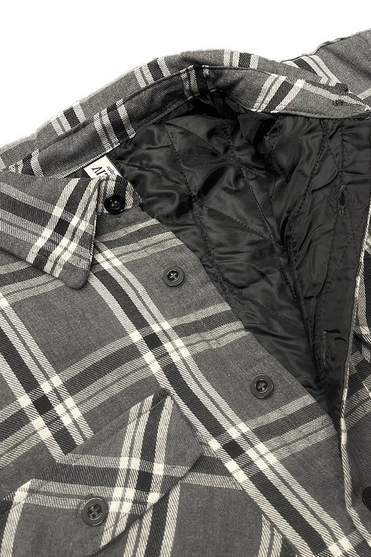 Mens Grey Black  Quilted Padded Flannel