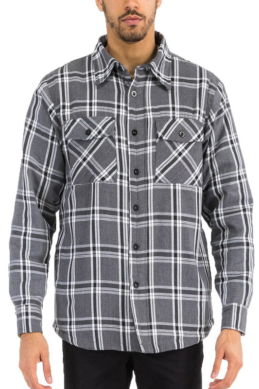 Mens Grey Black  Quilted Padded Flannel