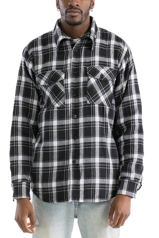 Mens Black White Quilted Padded Flannel