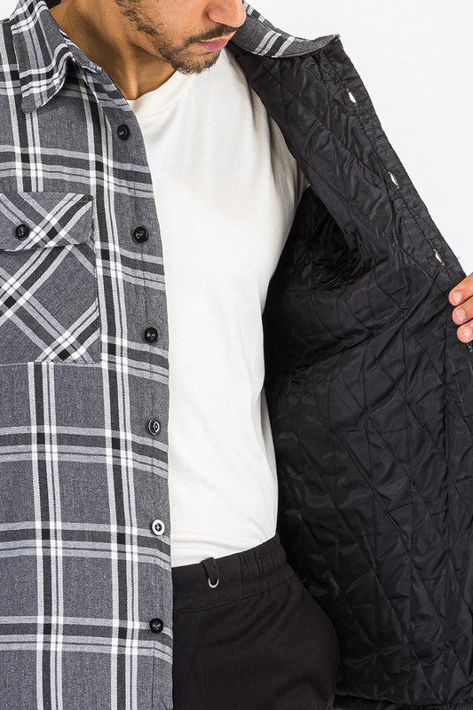 Mens Grey Black  Quilted Padded Flannel