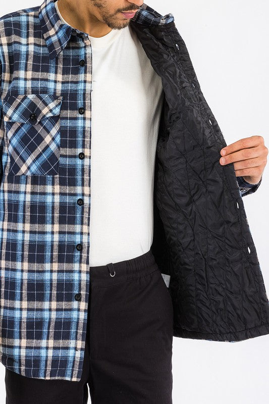 Mens Navy Blue Quilted Padded Flannel