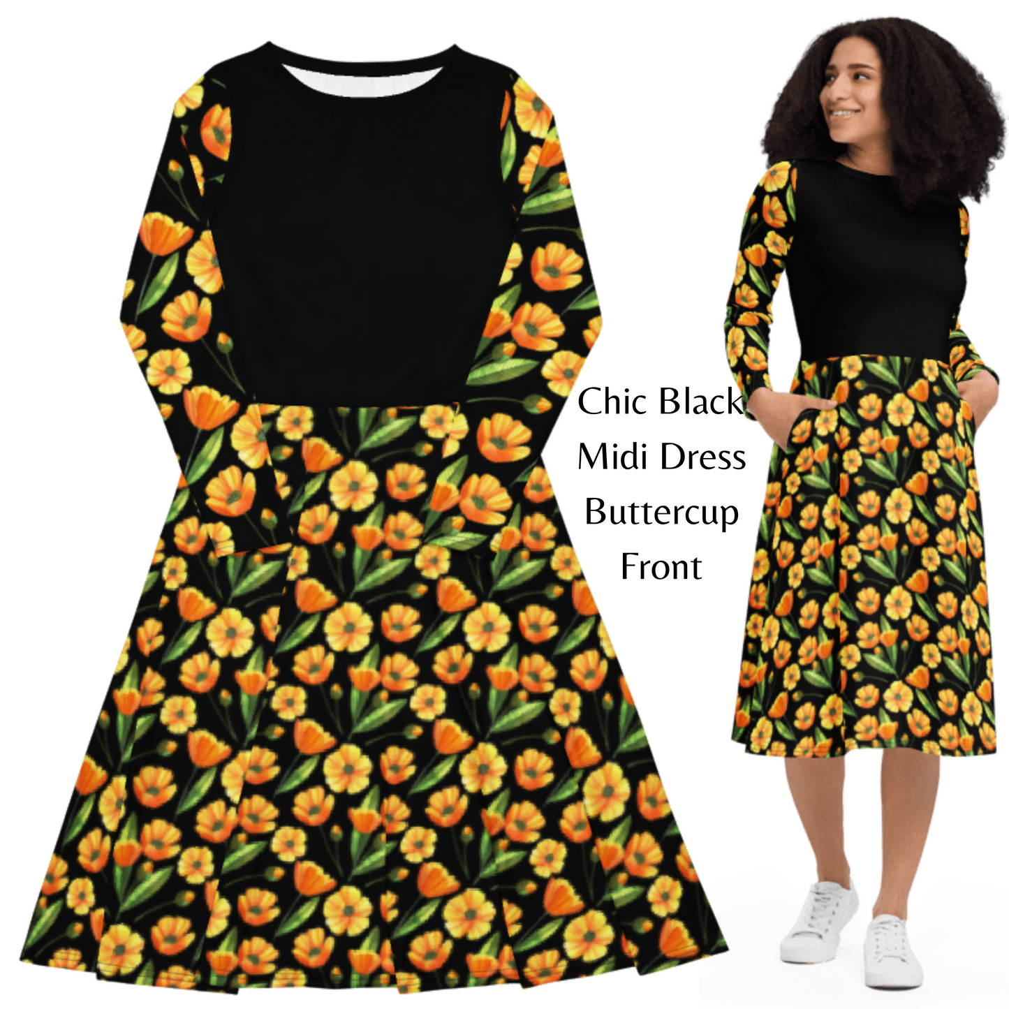 Chic Black Midi Dress With Yellow Buttercup Print Long Sleeve