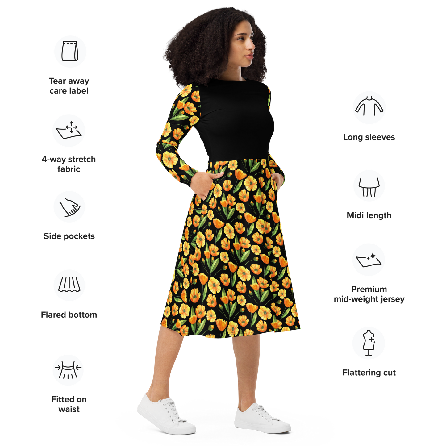 Chic Black Midi Dress With Yellow Buttercup Print Long Sleeve